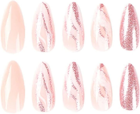 24 PCS Medium Length False Nails Pink and White Fake Nails Marble False Nails & Swirl Fake Nails Glossy False Nails Glitter Designs False Nails Art for Women and Girls Daily Decoration