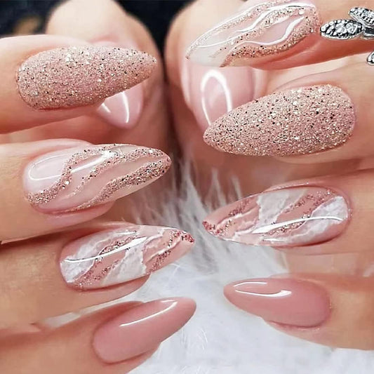 24 PCS Medium Length False Nails Pink and White Fake Nails Marble False Nails & Swirl Fake Nails Glossy False Nails Glitter Designs False Nails Art for Women and Girls Daily Decoration